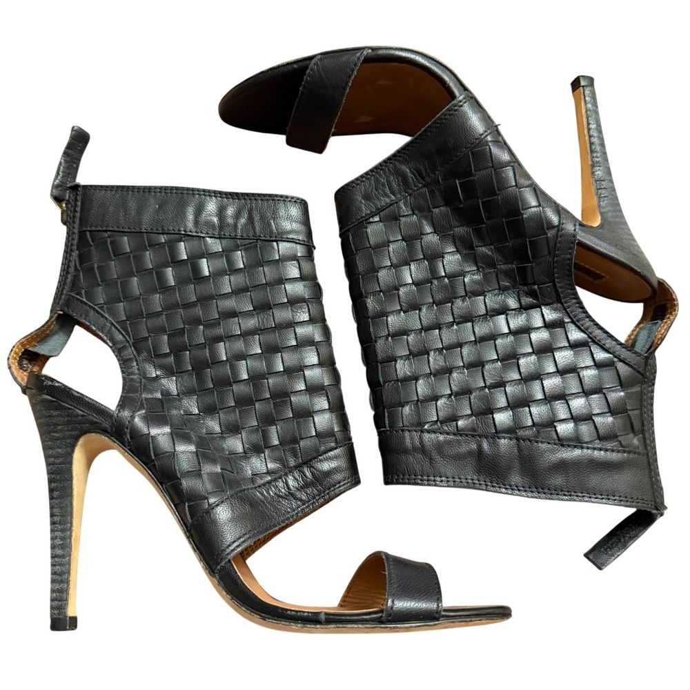 Modern Vintage Black Leather Weave Heels Open Toe Stiletto Whimsigoth Boho 10